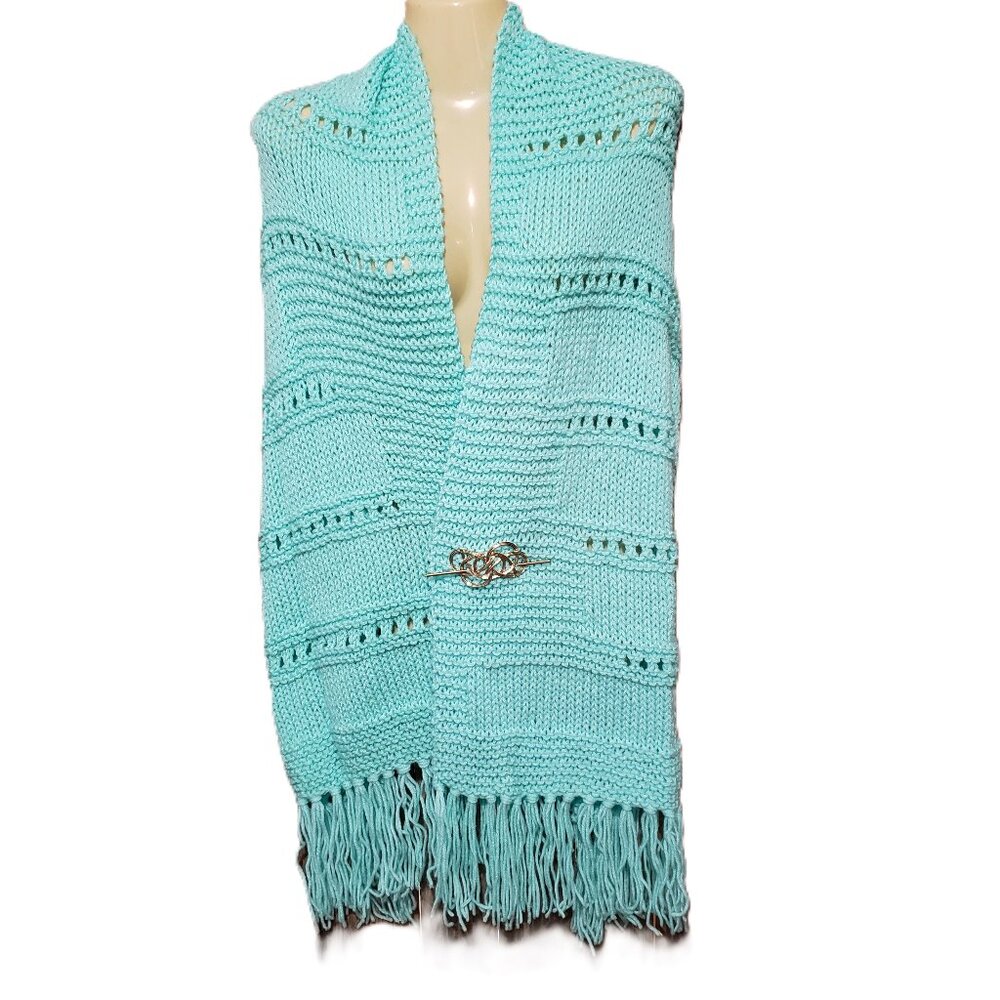 NEW Mint Green Hand Knit Knitted Shawl Wrap Scarf Boho Hippie Handmade Eyelet Li